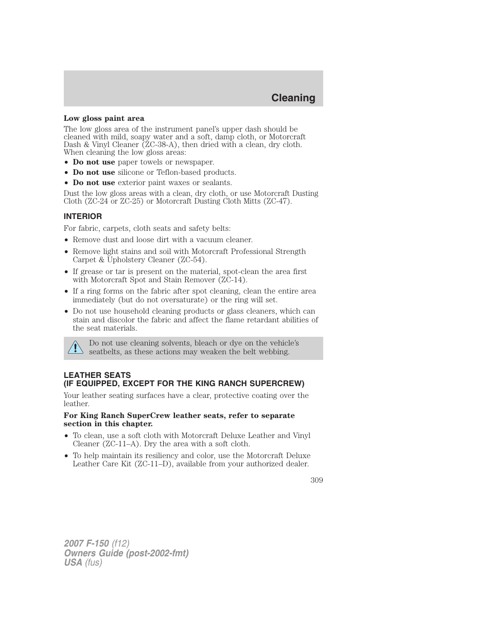 Interior, Cleaning | FORD 2007 F-150 v.2 User Manual | Page 309 / 368