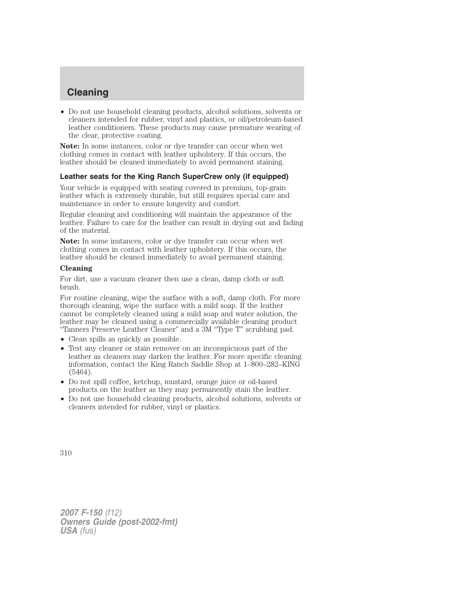 Cleaning | FORD 2007 F-150 v.2 User Manual | Page 310 / 368