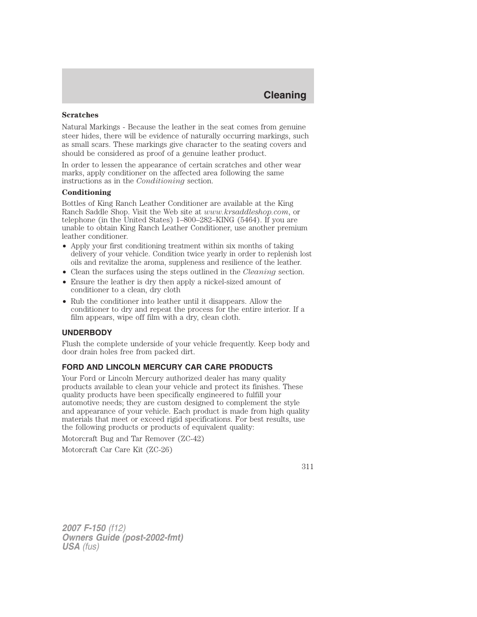 Underbody, Ford and lincoln mercury car care products, Cleaning | FORD 2007 F-150 v.2 User Manual | Page 311 / 368