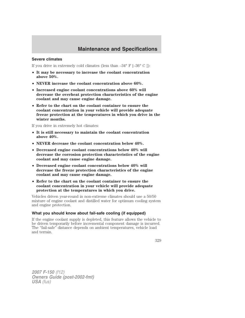 Severe climates, Maintenance and specifications | FORD 2007 F-150 v.2 User Manual | Page 329 / 368