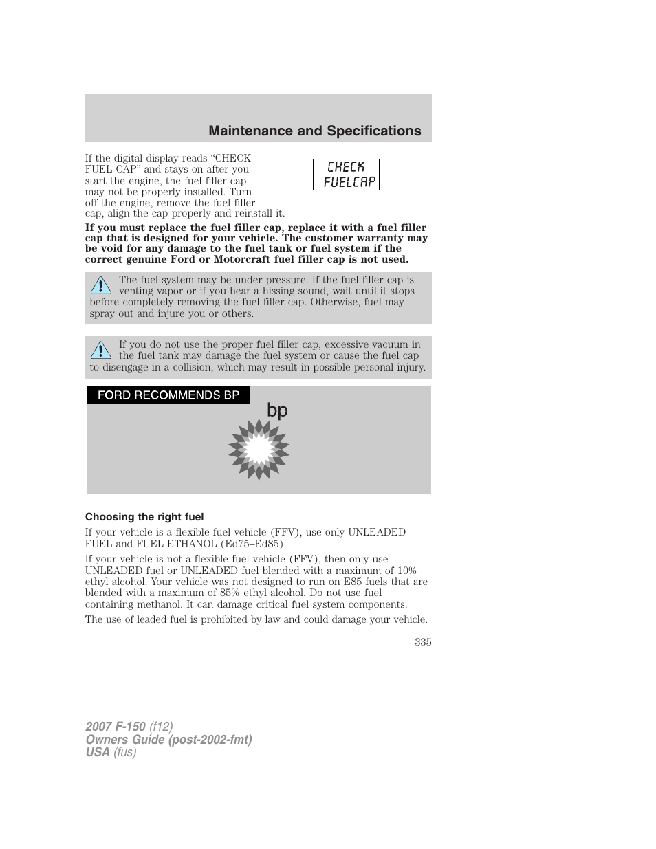 Choosing the right fuel, Maintenance and specifications | FORD 2007 F-150 v.2 User Manual | Page 335 / 368