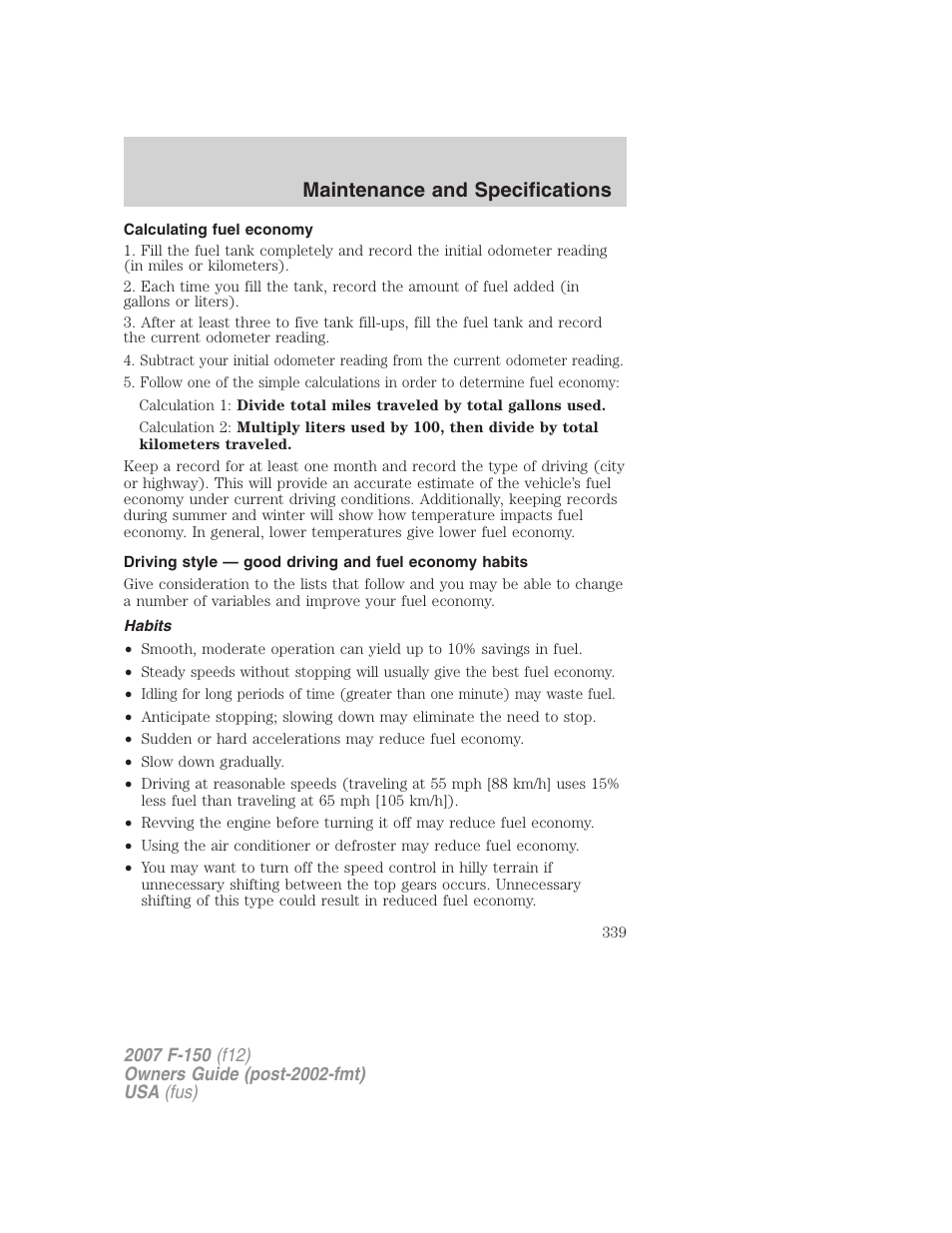 Calculating fuel economy, Habits, Maintenance and specifications | FORD 2007 F-150 v.2 User Manual | Page 339 / 368