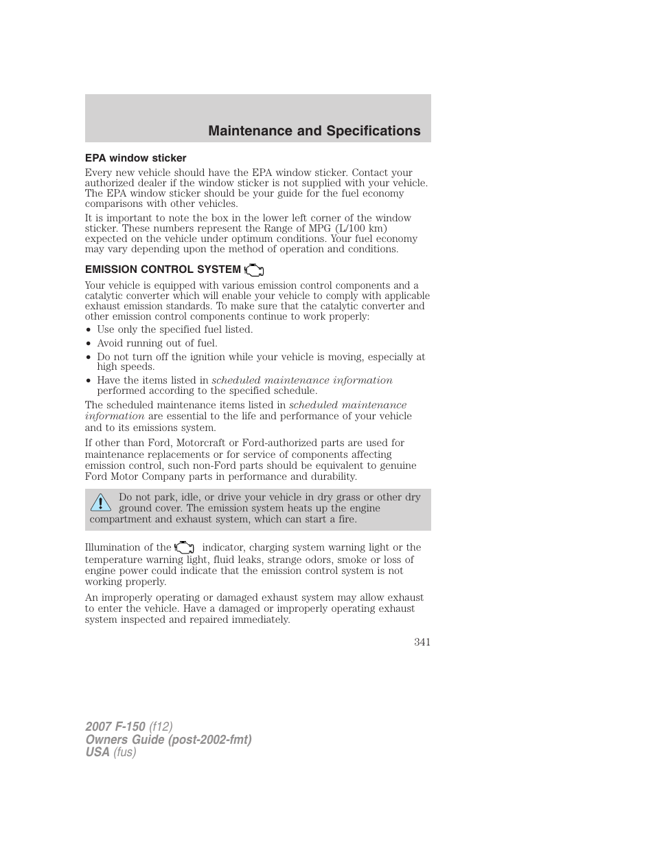 Epa window sticker, Emission control system, Maintenance and specifications | FORD 2007 F-150 v.2 User Manual | Page 341 / 368