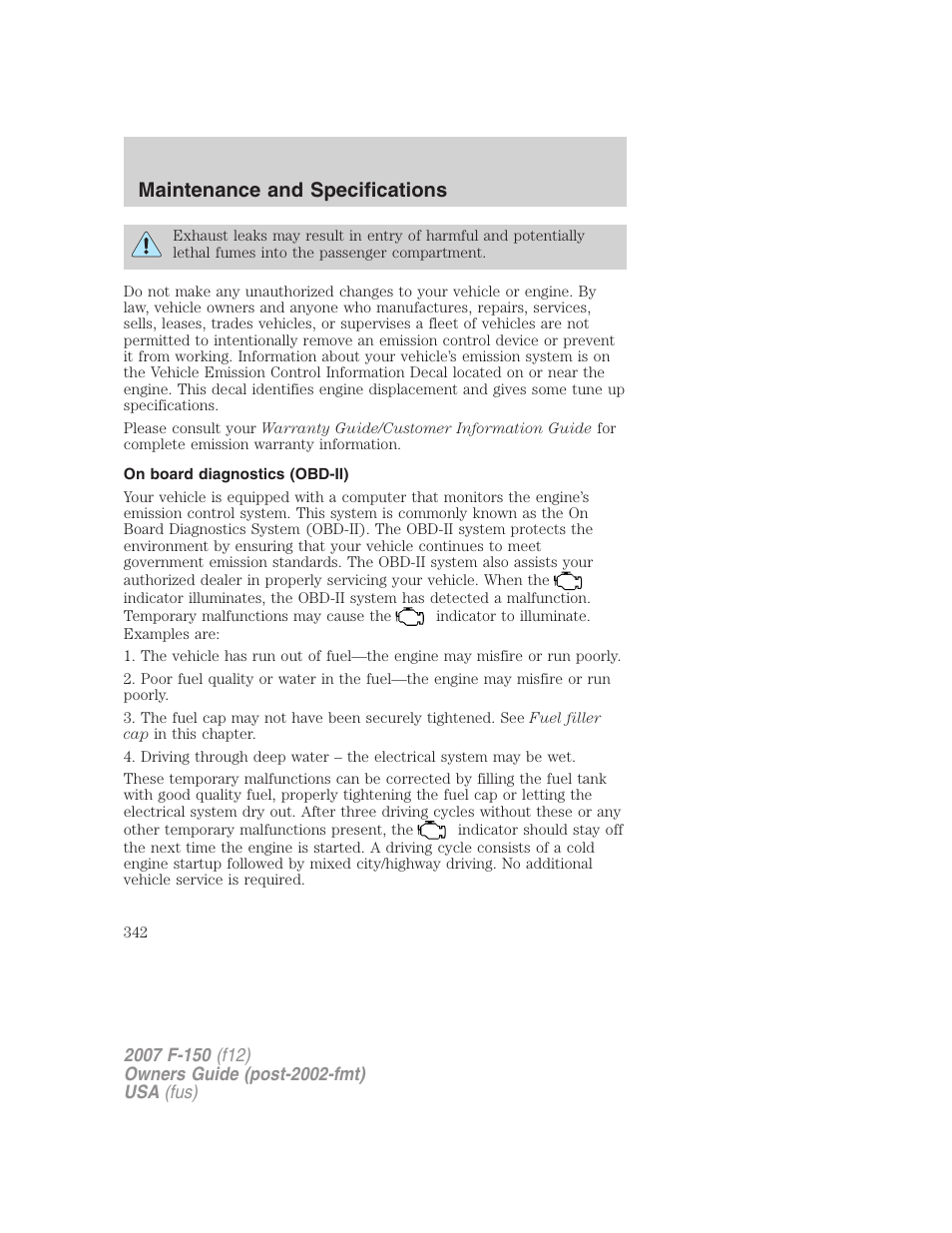 On board diagnostics (obd-ii), Maintenance and specifications | FORD 2007 F-150 v.2 User Manual | Page 342 / 368