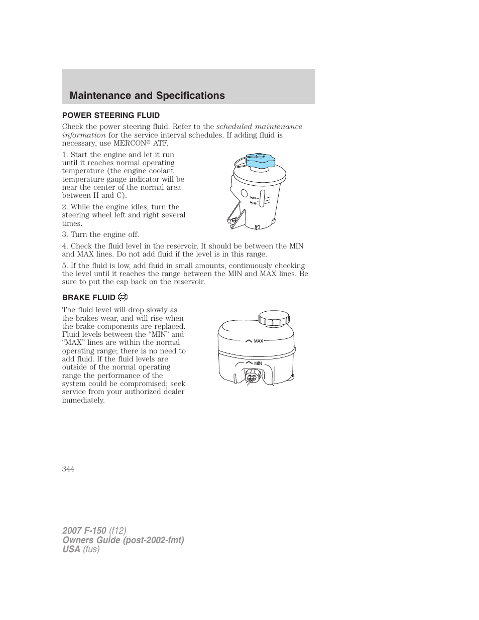 Power steering fluid, Brake fluid, Maintenance and specifications | FORD 2007 F-150 v.2 User Manual | Page 344 / 368