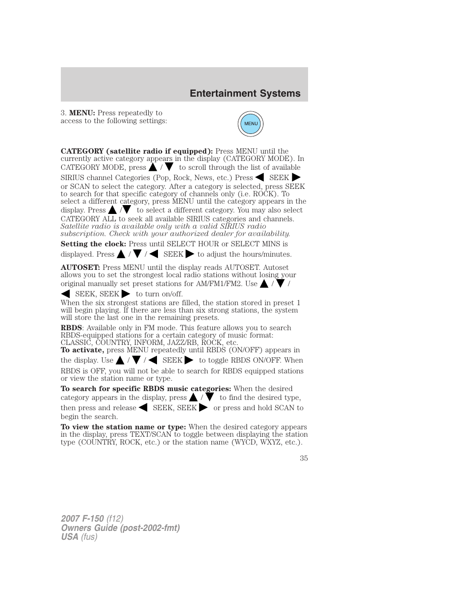 Entertainment systems | FORD 2007 F-150 v.2 User Manual | Page 35 / 368
