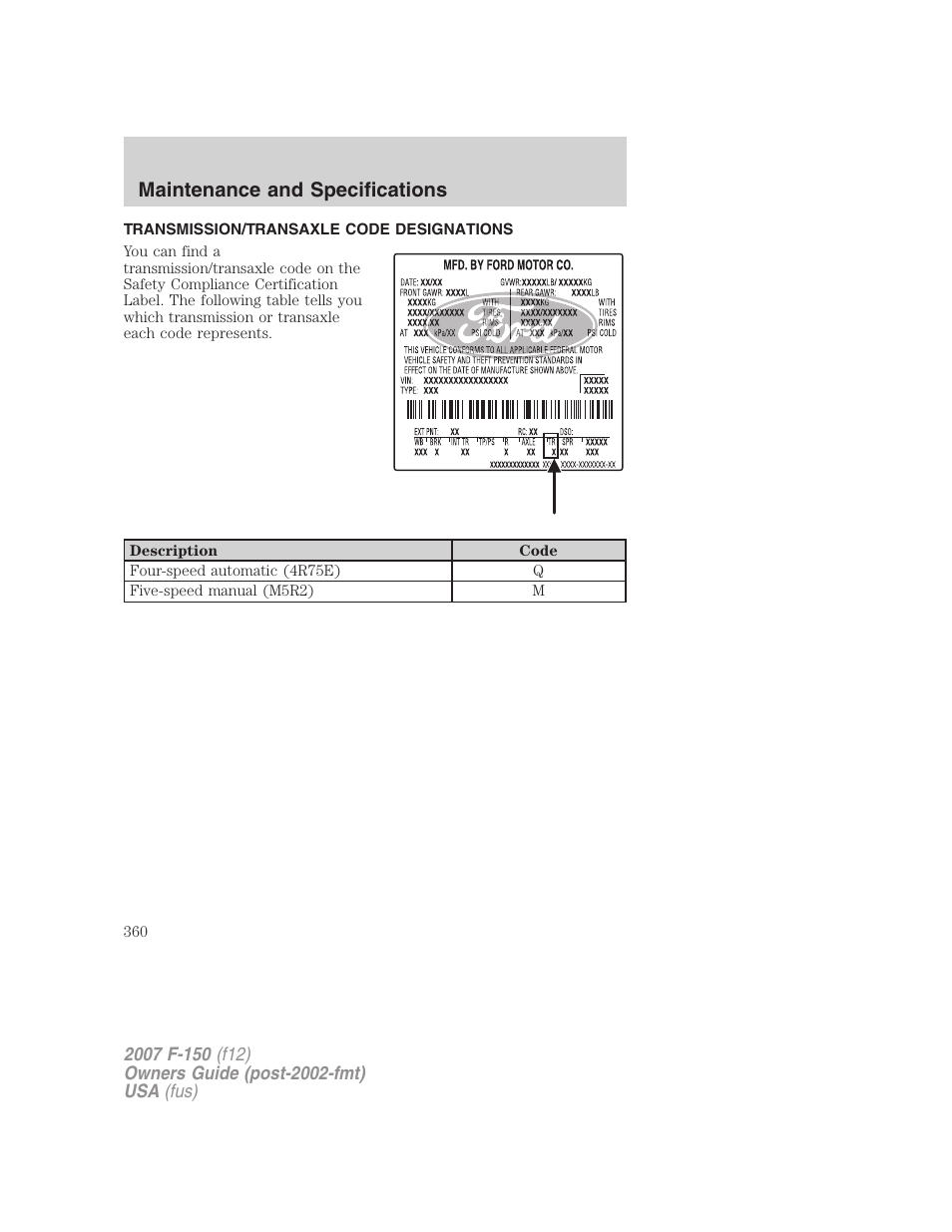 Transmission/transaxle code designations, Maintenance and specifications | FORD 2007 F-150 v.2 User Manual | Page 360 / 368