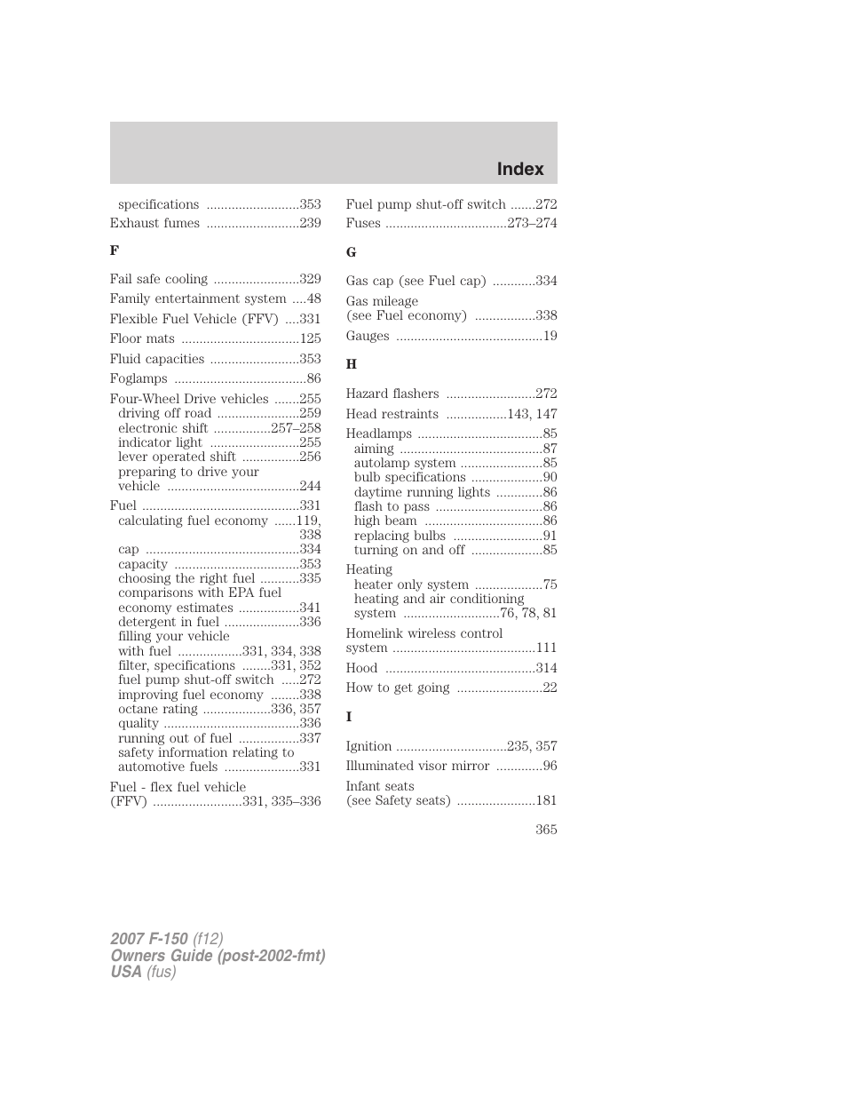 Index | FORD 2007 F-150 v.2 User Manual | Page 365 / 368