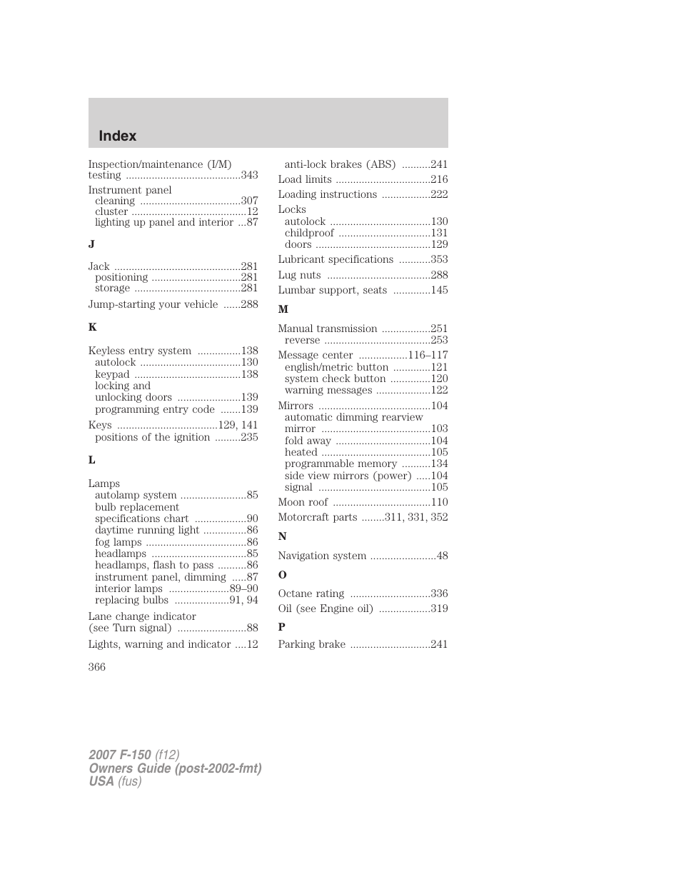 Index | FORD 2007 F-150 v.2 User Manual | Page 366 / 368