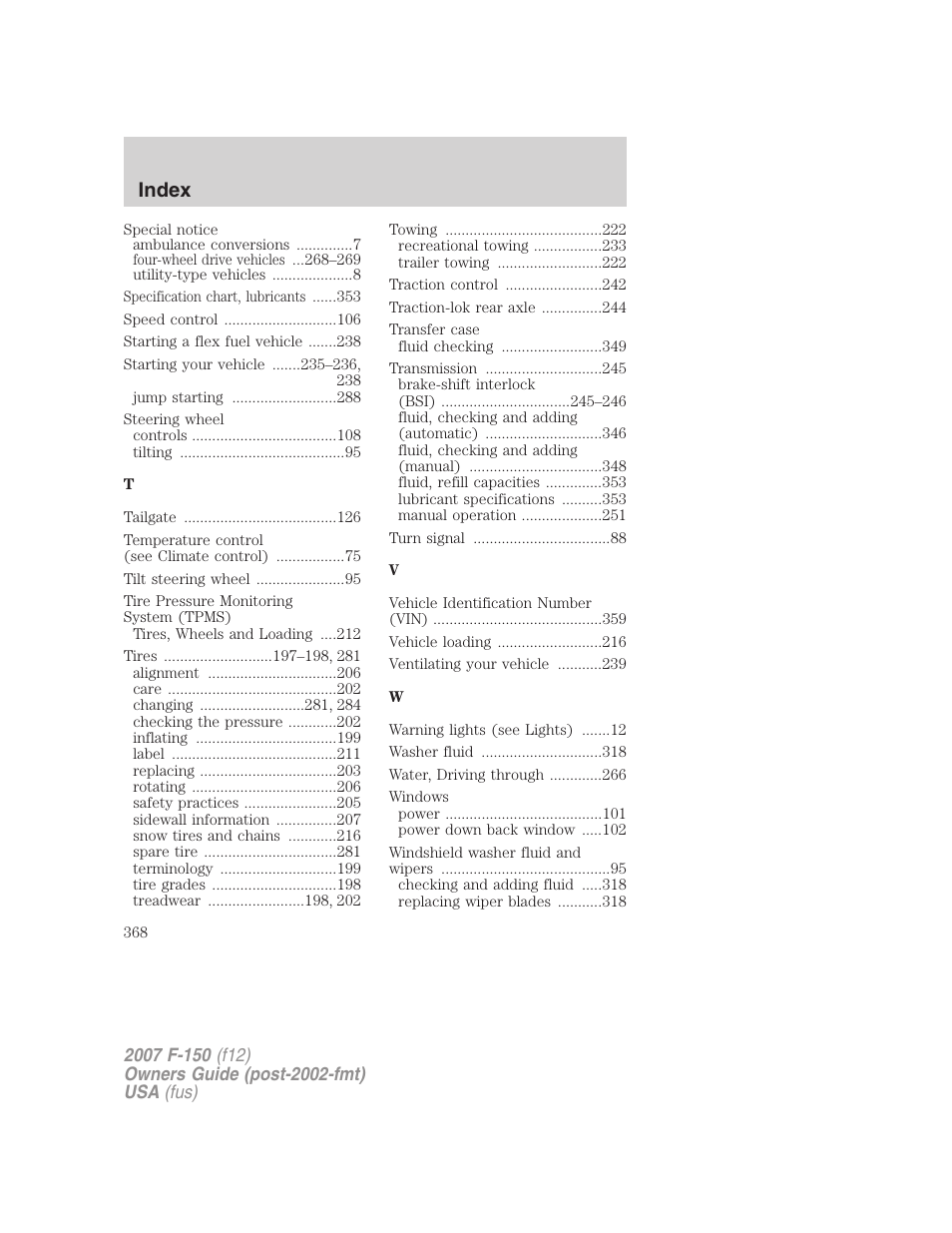Index | FORD 2007 F-150 v.2 User Manual | Page 368 / 368