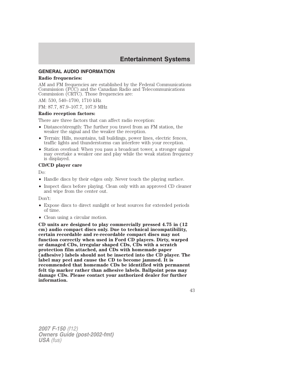 General audio information, Entertainment systems | FORD 2007 F-150 v.2 User Manual | Page 43 / 368