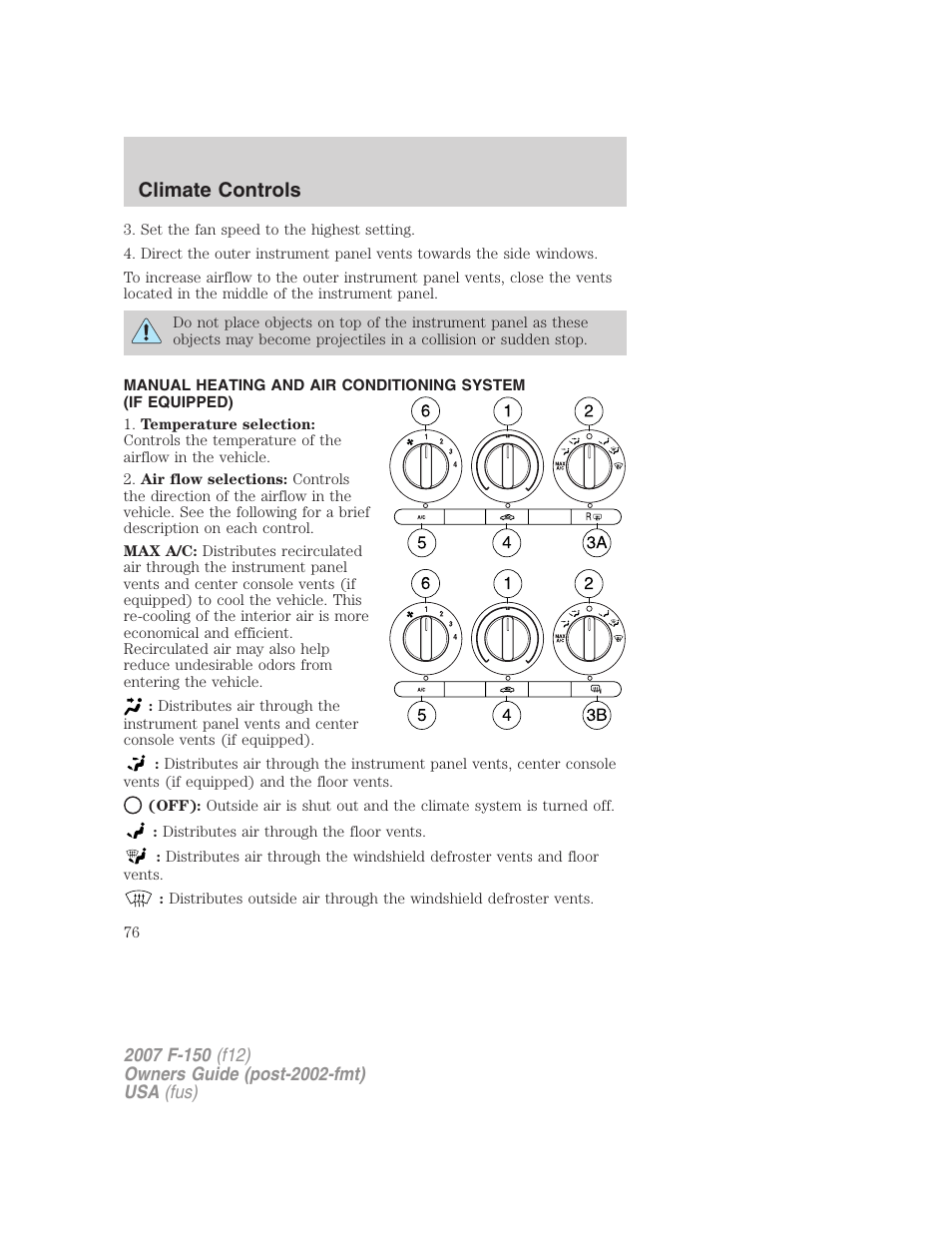 Manual heating and air conditioning, Climate controls | FORD 2007 F-150 v.2 User Manual | Page 76 / 368