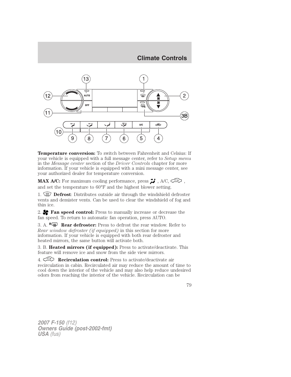 Climate controls | FORD 2007 F-150 v.2 User Manual | Page 79 / 368