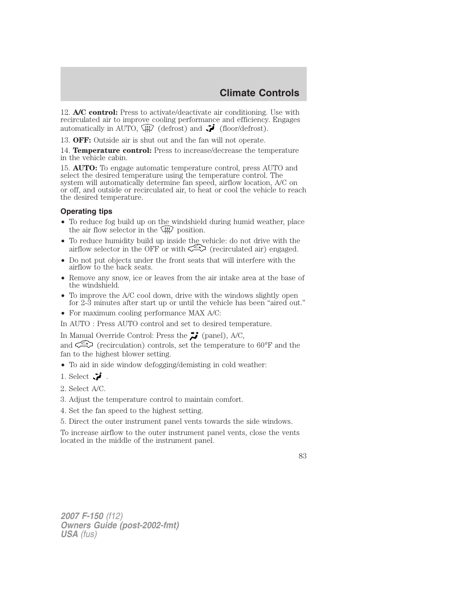 Operating tips, Climate controls | FORD 2007 F-150 v.2 User Manual | Page 83 / 368