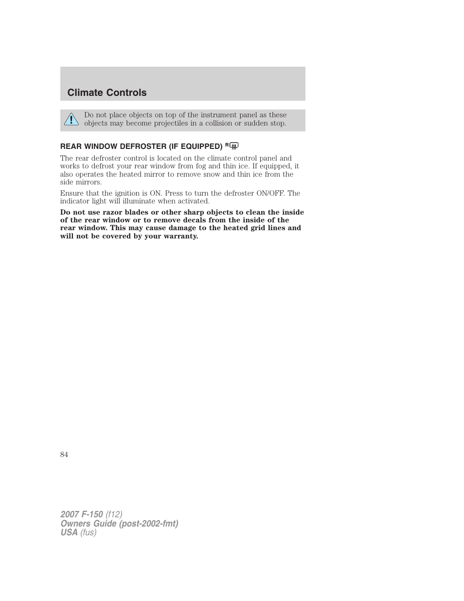 Rear window defroster (if equipped), Rear window defroster, Climate controls | FORD 2007 F-150 v.2 User Manual | Page 84 / 368