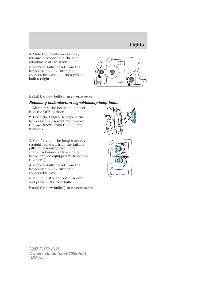 Replacing tail/brake/turn signal/backup lamp bulbs, Lights | FORD 2007 F-150 v.2 User Manual | Page 93 / 368