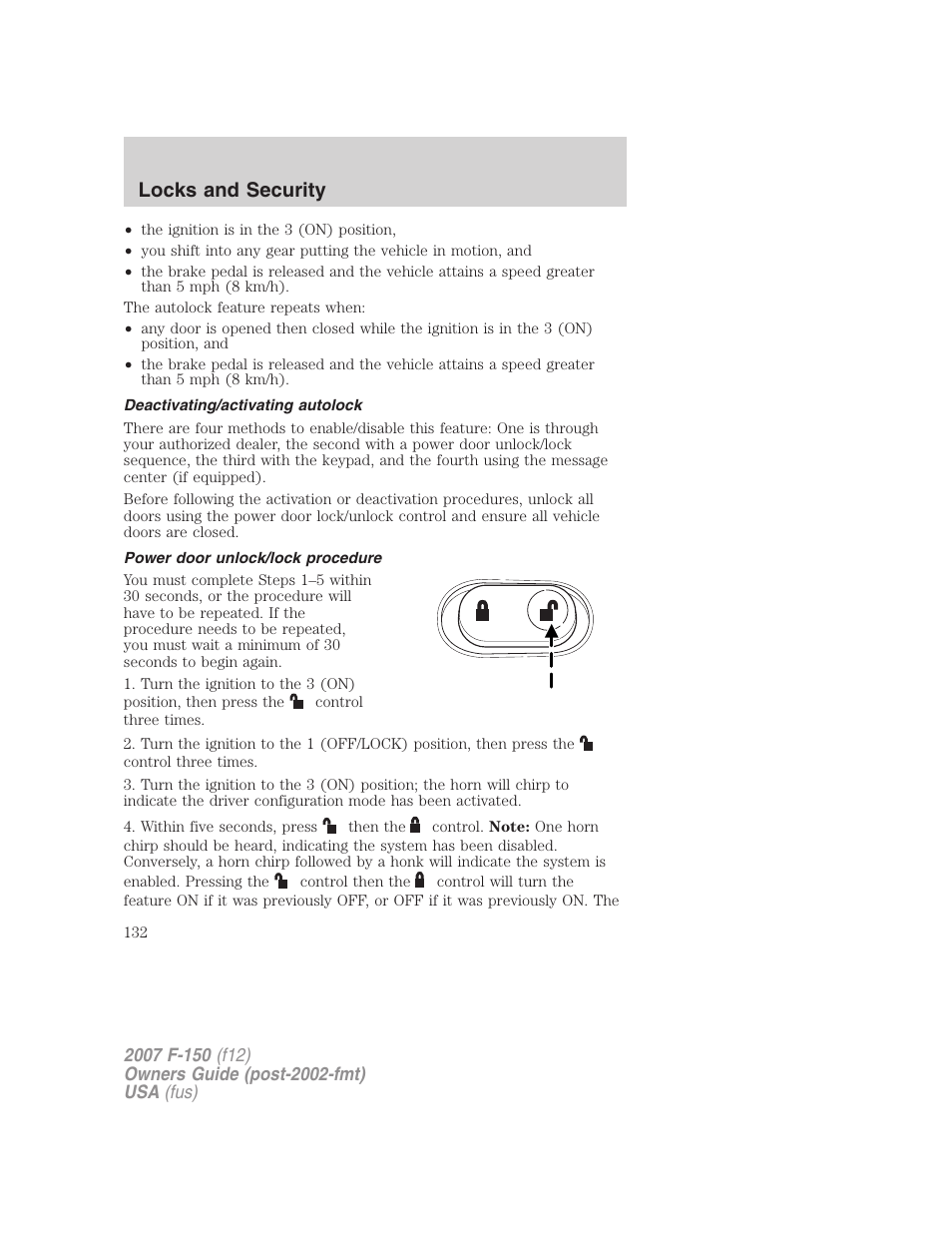 Deactivating/activating autolock, Power door unlock/lock procedure, Locks and security | FORD 2007 F-150 v.3 User Manual | Page 132 / 376