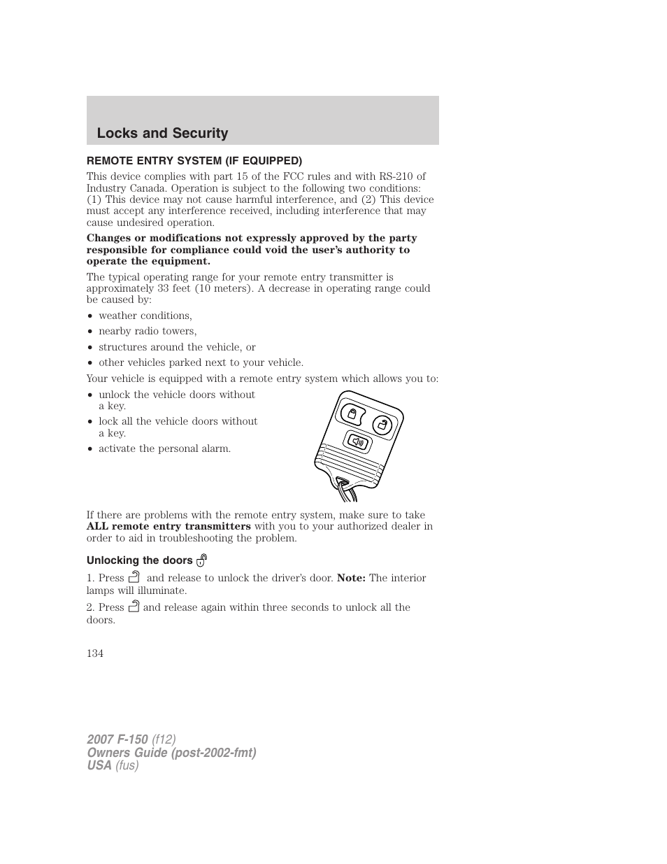 Remote entry system (if equipped), Unlocking the doors, Locks and security | FORD 2007 F-150 v.3 User Manual | Page 134 / 376