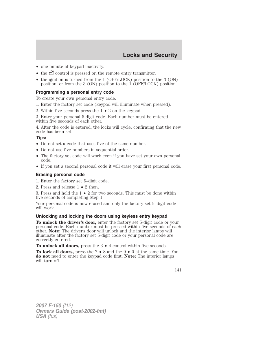 Programming a personal entry code, Erasing personal code, Locks and security | FORD 2007 F-150 v.3 User Manual | Page 141 / 376