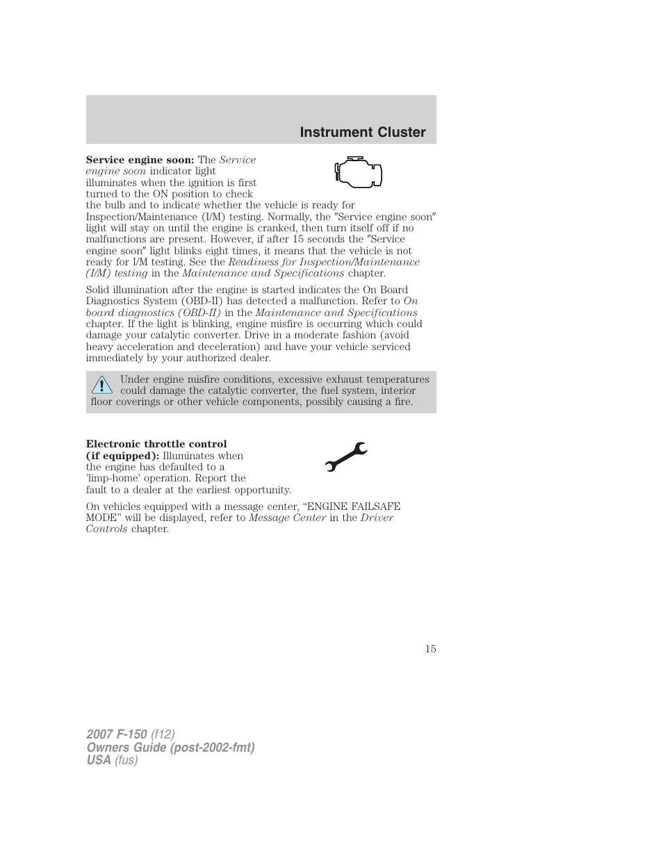 Instrument cluster | FORD 2007 F-150 v.3 User Manual | Page 15 / 376