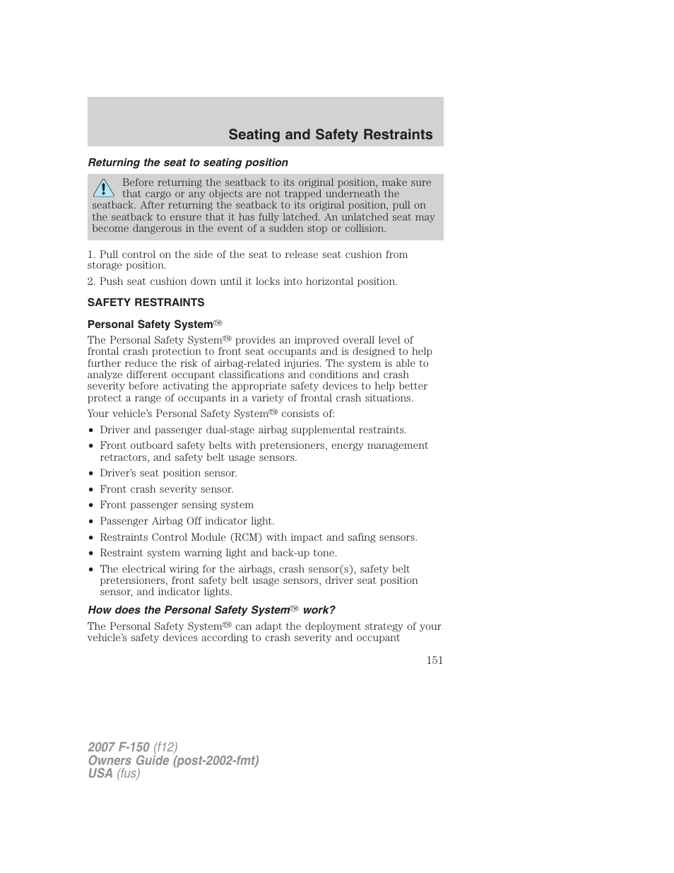 Returning the seat to seating position, Safety restraints, Personal safety system | How does the personal safety system work, Seating and safety restraints | FORD 2007 F-150 v.3 User Manual | Page 151 / 376