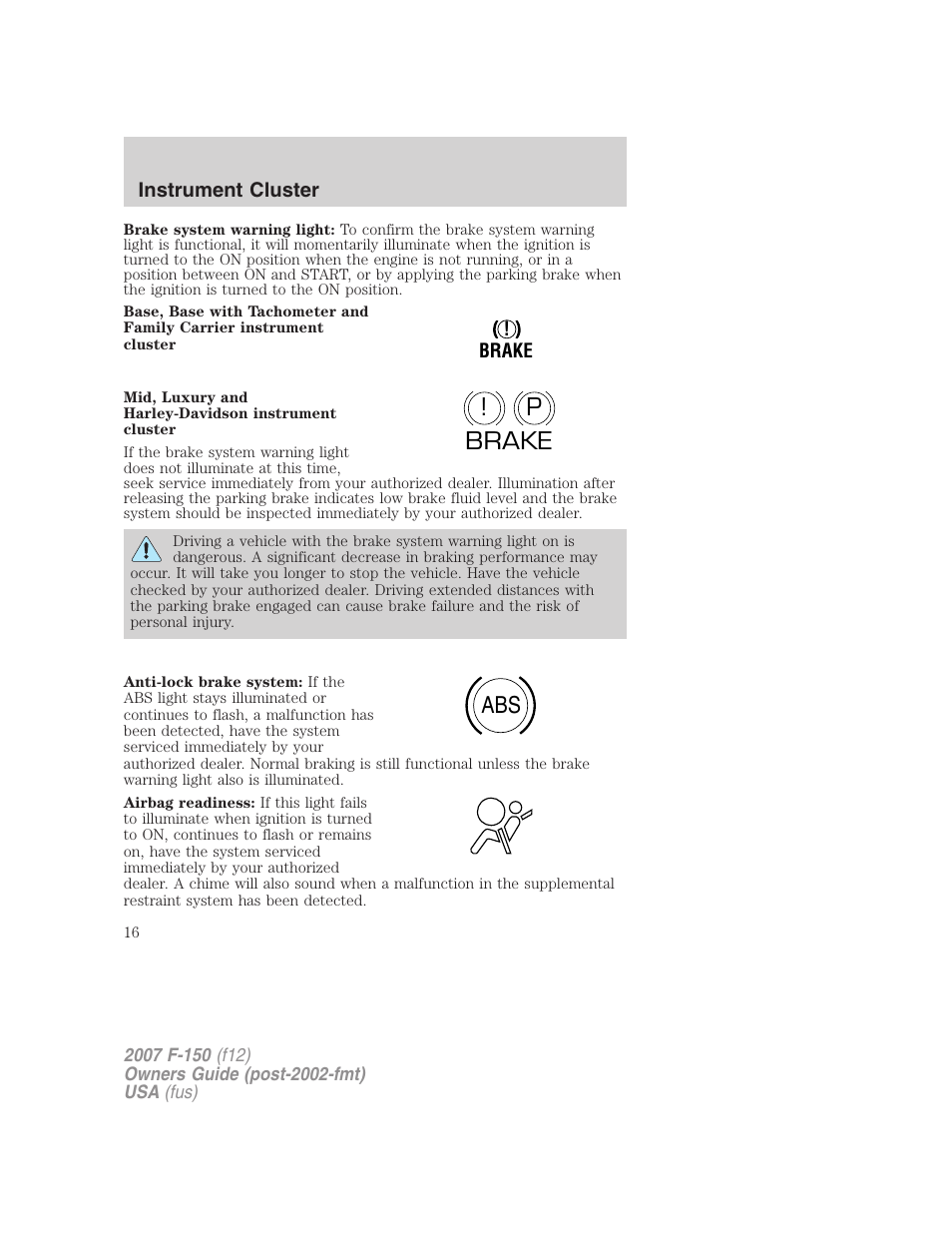 P! brake abs | FORD 2007 F-150 v.3 User Manual | Page 16 / 376
