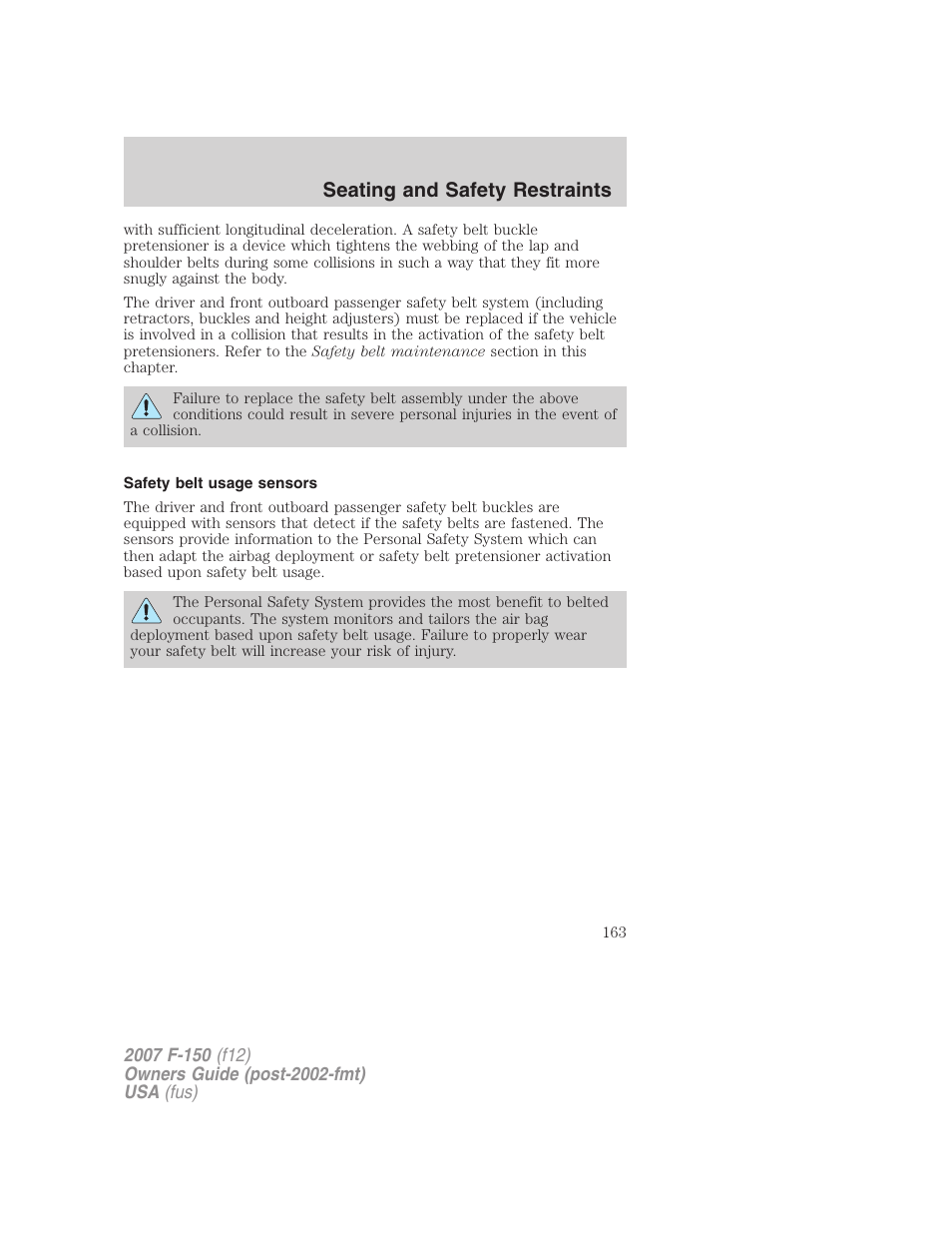 Safety belt usage sensors, Seating and safety restraints | FORD 2007 F-150 v.3 User Manual | Page 163 / 376