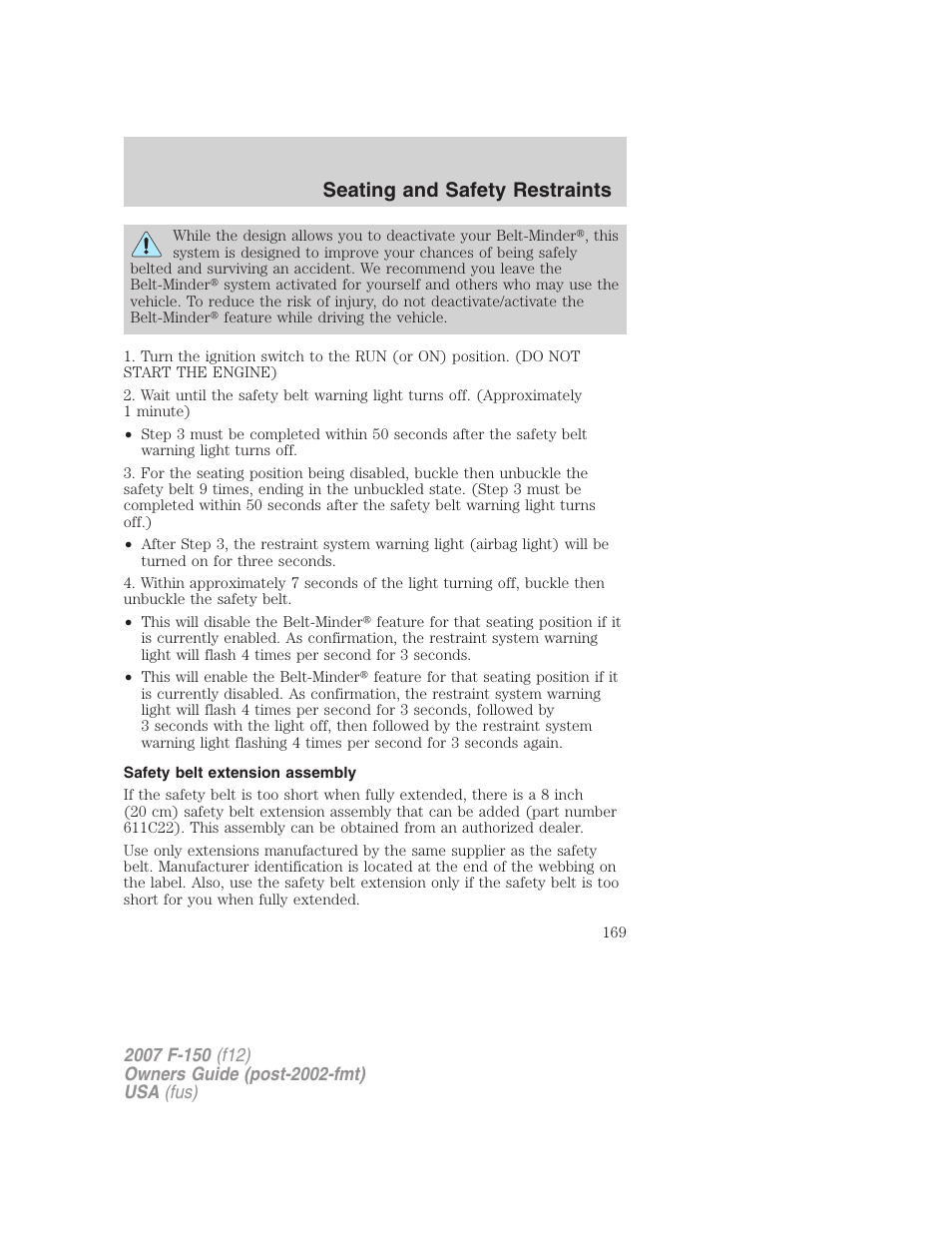 Safety belt extension assembly, Seating and safety restraints | FORD 2007 F-150 v.3 User Manual | Page 169 / 376