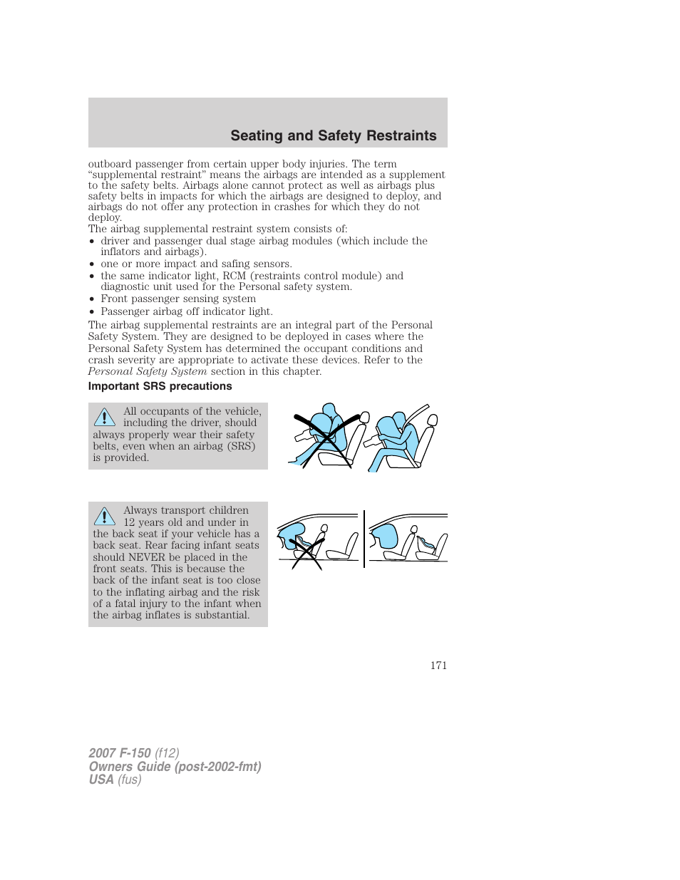 Important srs precautions, Seating and safety restraints | FORD 2007 F-150 v.3 User Manual | Page 171 / 376