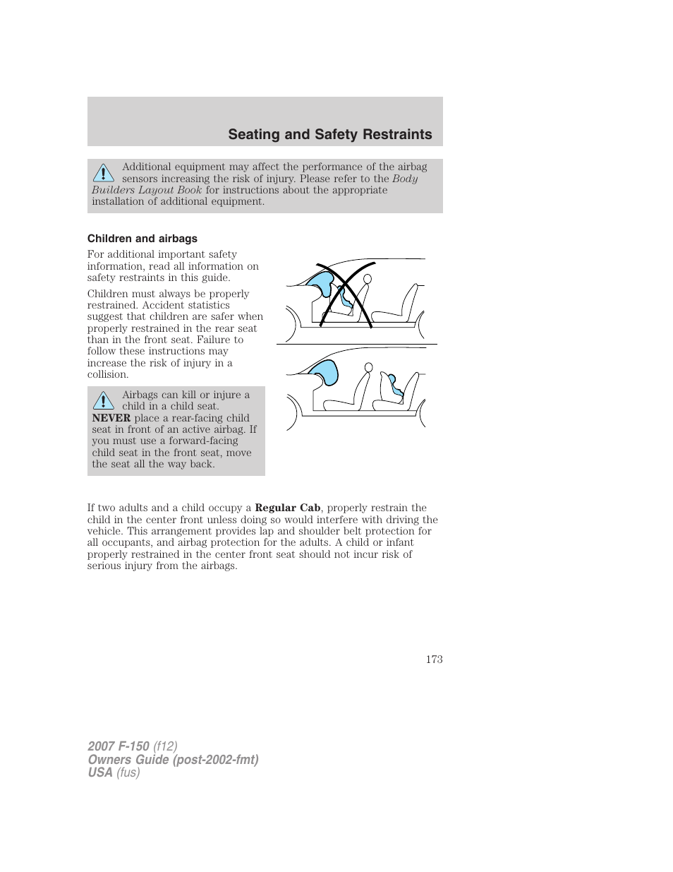 Children and airbags, Seating and safety restraints | FORD 2007 F-150 v.3 User Manual | Page 173 / 376