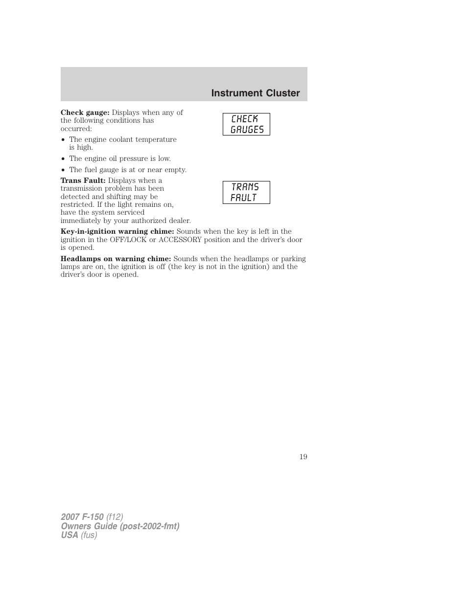 Instrument cluster | FORD 2007 F-150 v.3 User Manual | Page 19 / 376