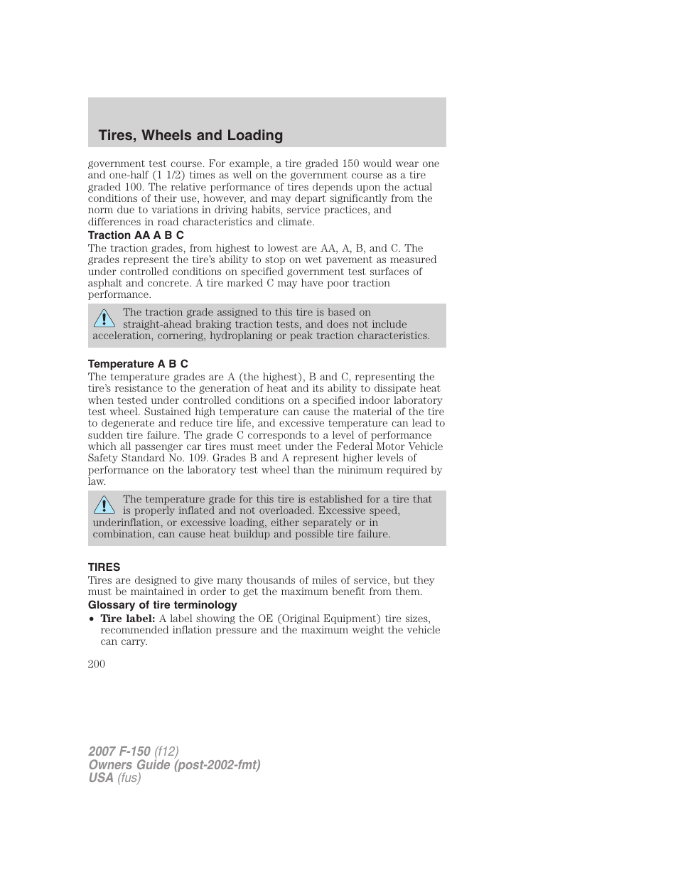 Traction aa a b c, Temperature a b c, Tires | Glossary of tire terminology, Tires, wheels and loading | FORD 2007 F-150 v.3 User Manual | Page 200 / 376