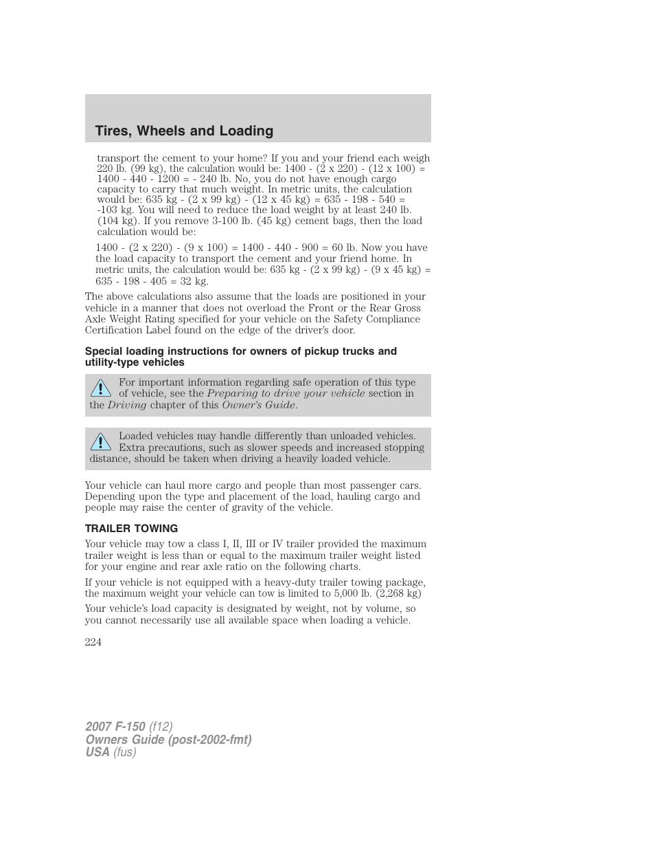 Trailer towing, Tires, wheels and loading | FORD 2007 F-150 v.3 User Manual | Page 224 / 376