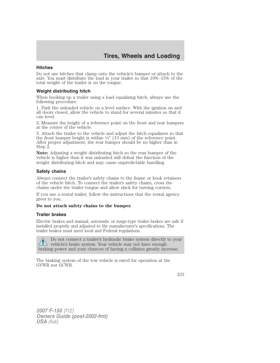 Hitches, Weight distributing hitch, Safety chains | Trailer brakes, Tires, wheels and loading | FORD 2007 F-150 v.3 User Manual | Page 233 / 376