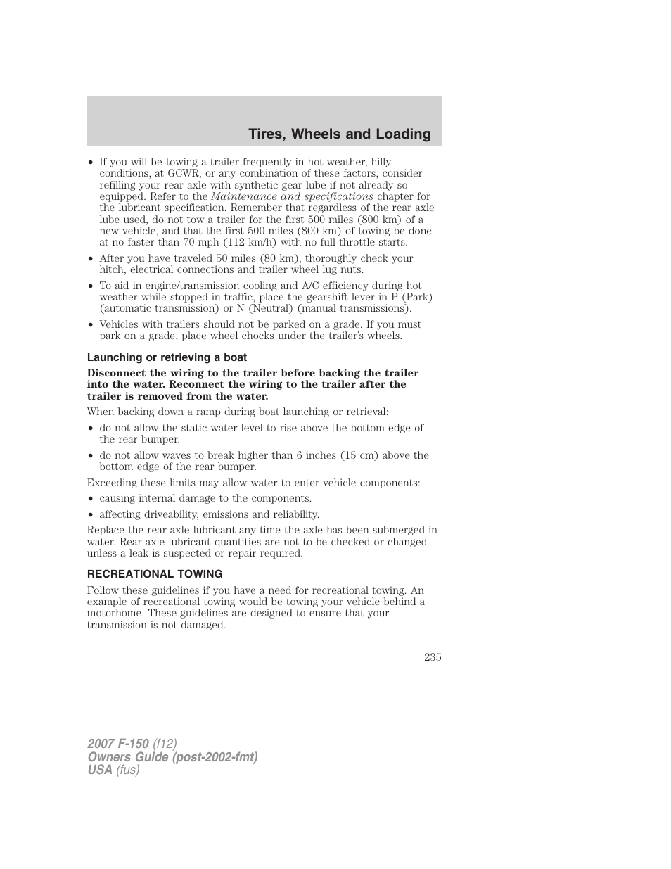 Launching or retrieving a boat, Recreational towing, Tires, wheels and loading | FORD 2007 F-150 v.3 User Manual | Page 235 / 376