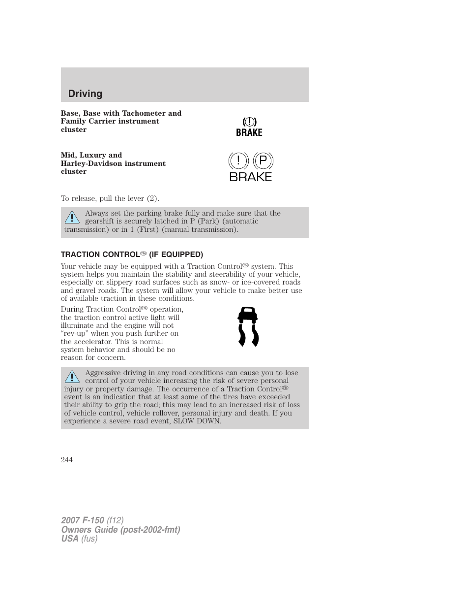 Traction control (if equipped), Traction control, P! brake | FORD 2007 F-150 v.3 User Manual | Page 244 / 376