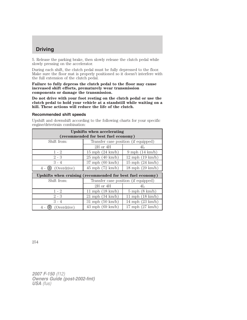 Recommended shift speeds, Driving | FORD 2007 F-150 v.3 User Manual | Page 254 / 376