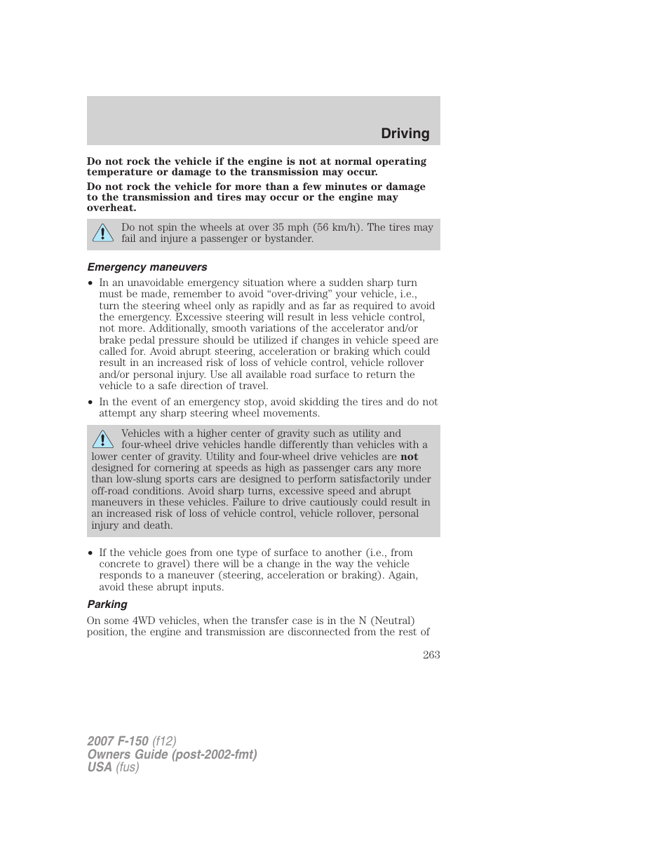 Emergency maneuvers, Parking, Driving | FORD 2007 F-150 v.3 User Manual | Page 263 / 376