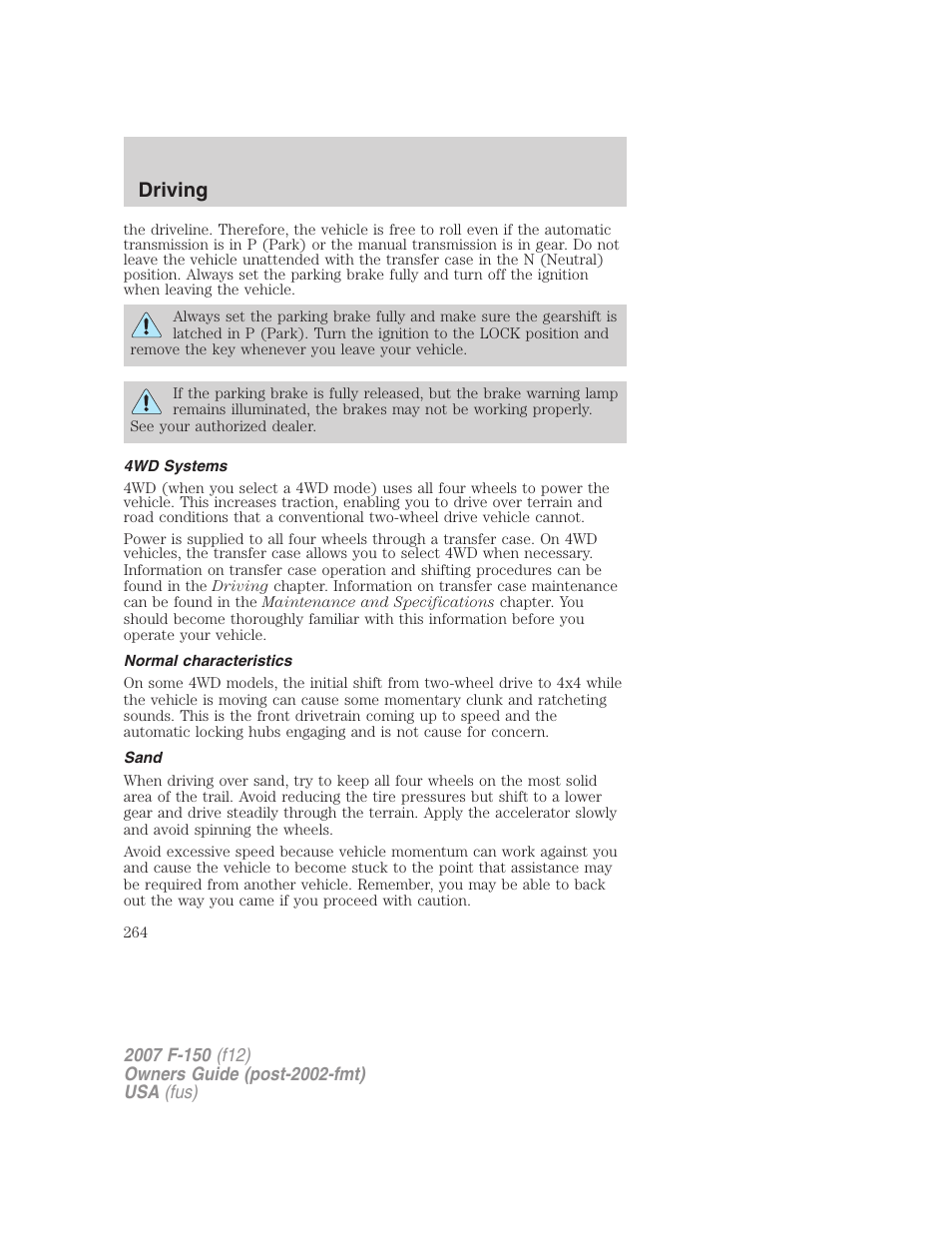 4wd systems, Normal characteristics, Sand | Driving | FORD 2007 F-150 v.3 User Manual | Page 264 / 376