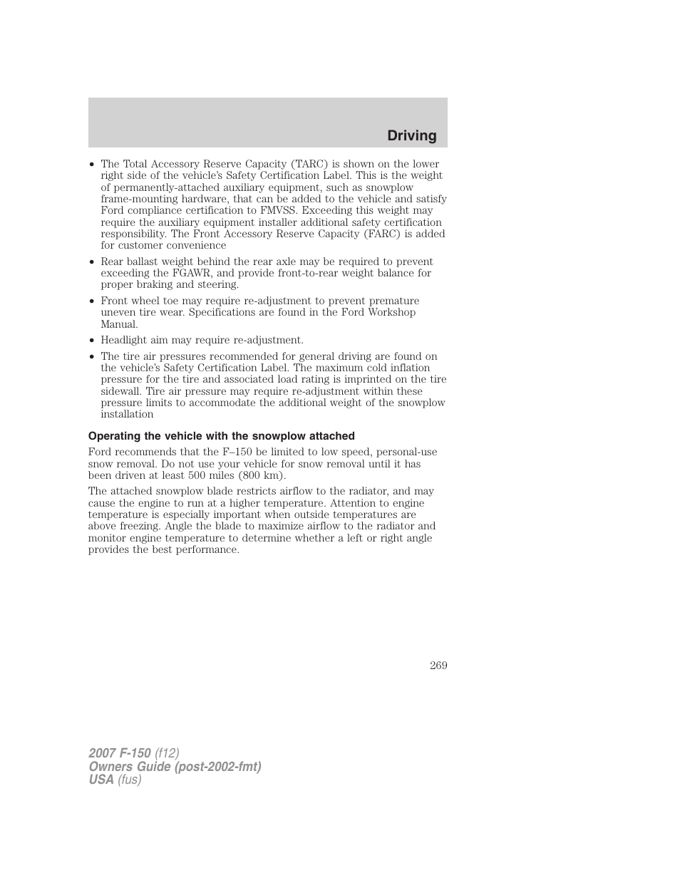 Operating the vehicle with the snowplow attached, Driving | FORD 2007 F-150 v.3 User Manual | Page 269 / 376