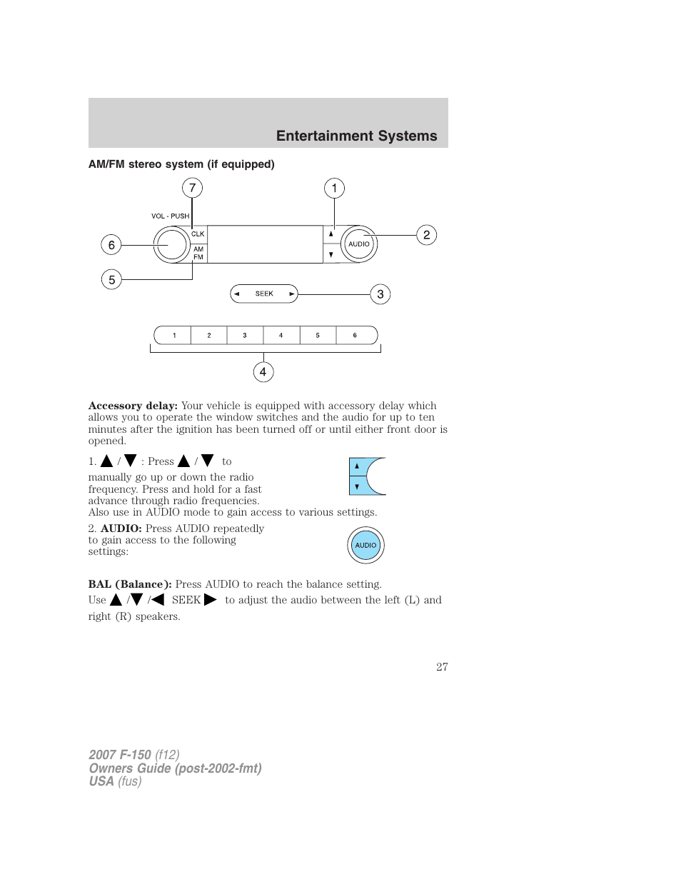 Am/fm stereo system (if equipped), Am/fm stereo, Entertainment systems | FORD 2007 F-150 v.3 User Manual | Page 27 / 376
