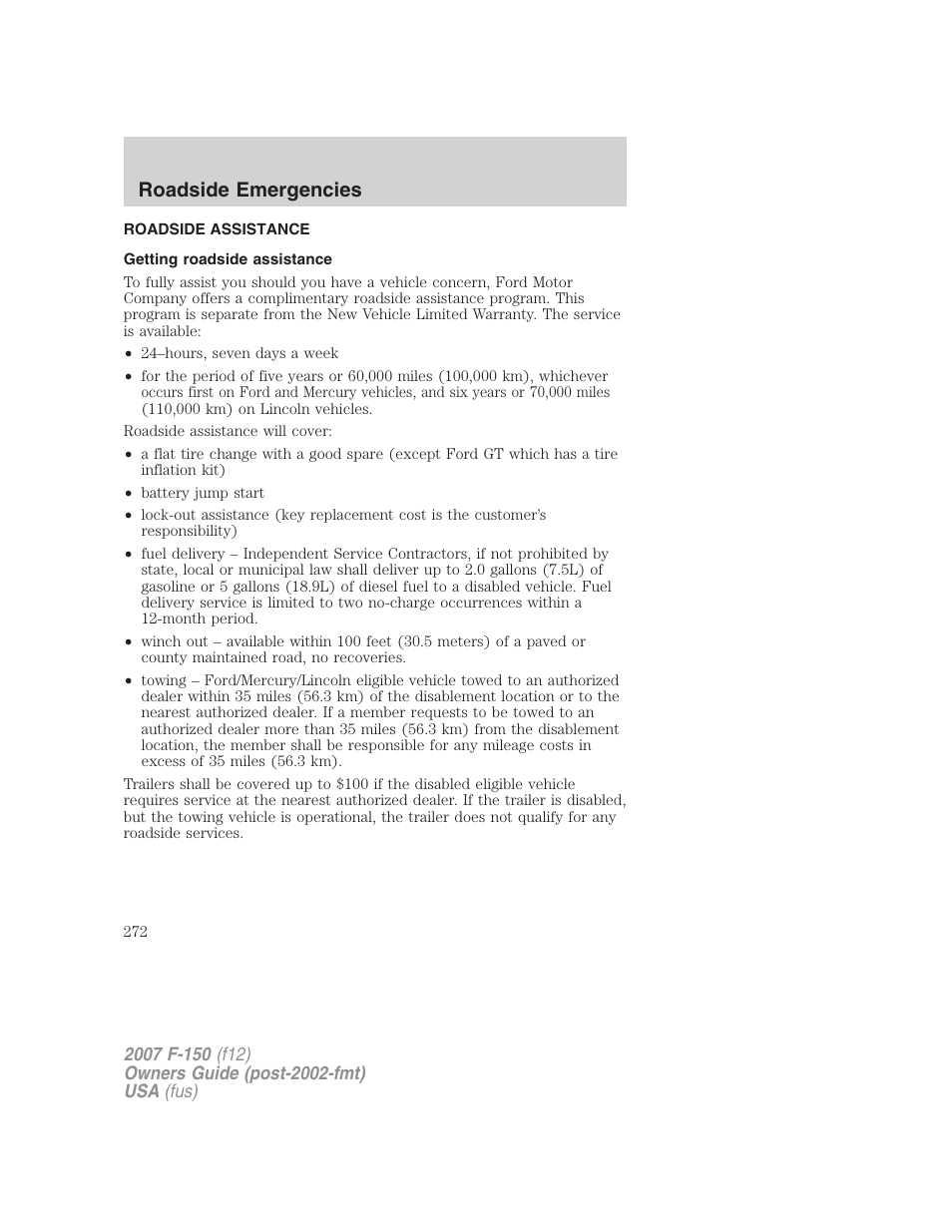 Roadside emergencies, Roadside assistance, Getting roadside assistance | FORD 2007 F-150 v.3 User Manual | Page 272 / 376