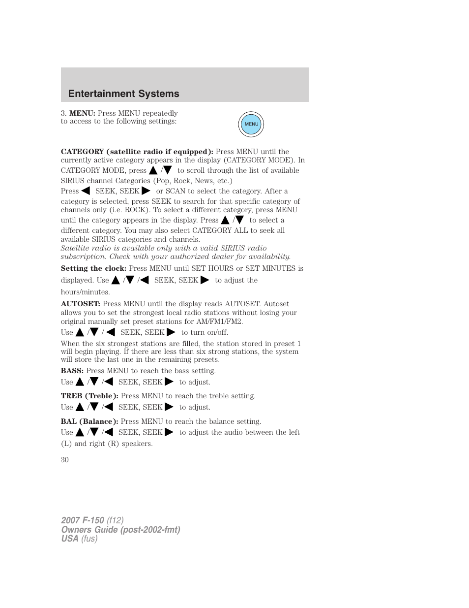 Entertainment systems | FORD 2007 F-150 v.3 User Manual | Page 30 / 376