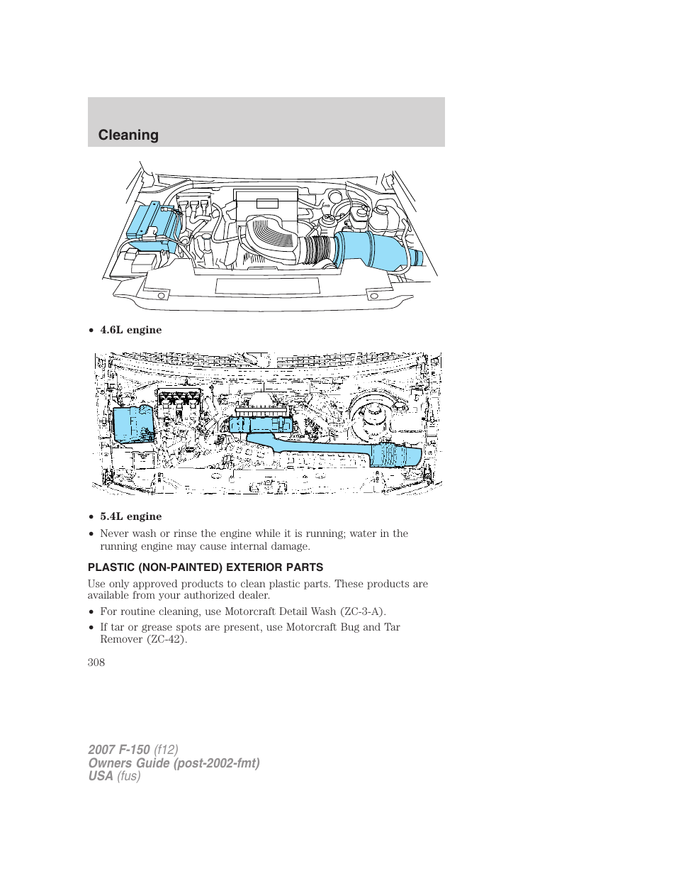Plastic (non-painted) exterior parts, Cleaning | FORD 2007 F-150 v.3 User Manual | Page 308 / 376