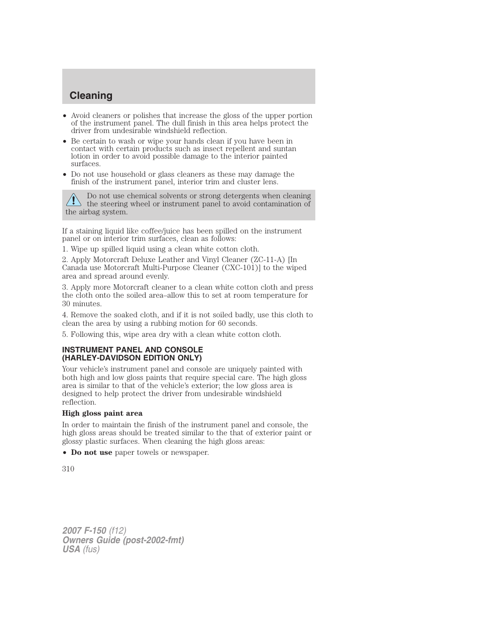 Cleaning | FORD 2007 F-150 v.3 User Manual | Page 310 / 376
