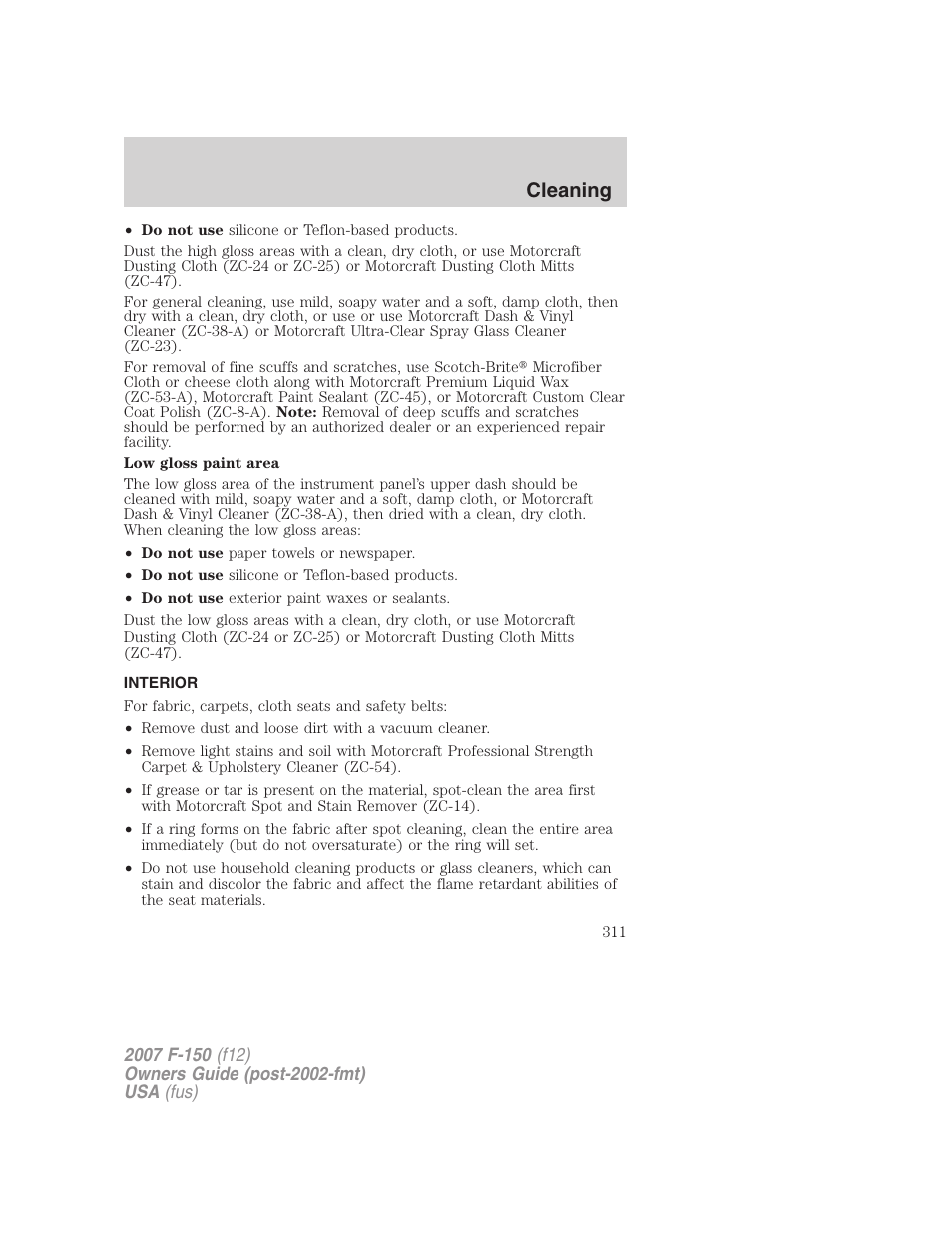 Interior, Cleaning | FORD 2007 F-150 v.3 User Manual | Page 311 / 376