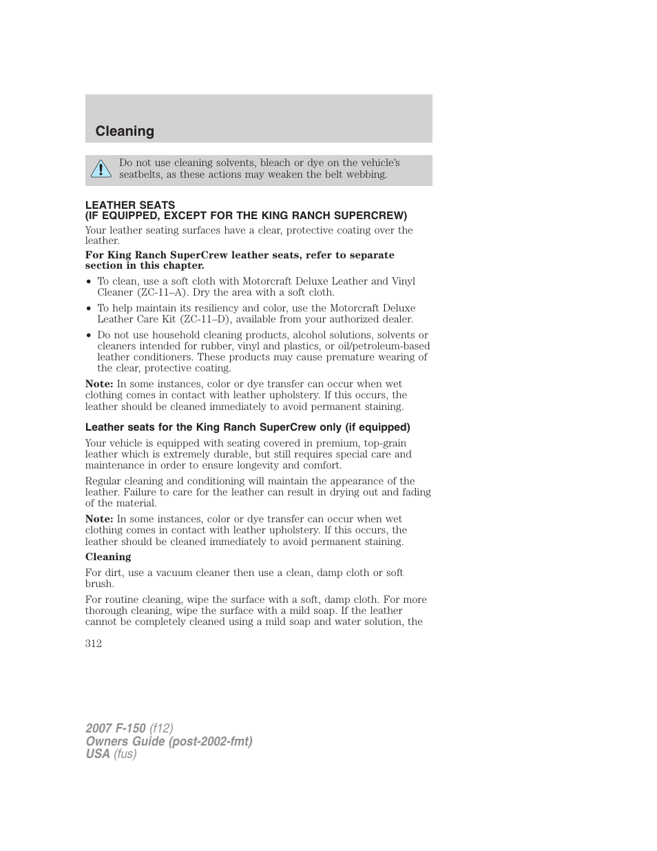 Cleaning | FORD 2007 F-150 v.3 User Manual | Page 312 / 376