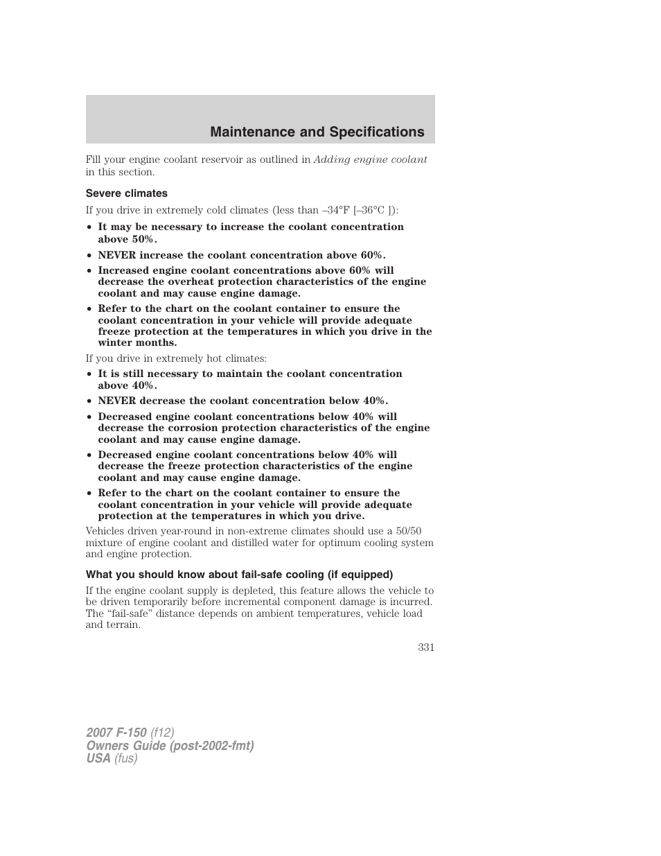Severe climates, Maintenance and specifications | FORD 2007 F-150 v.3 User Manual | Page 331 / 376