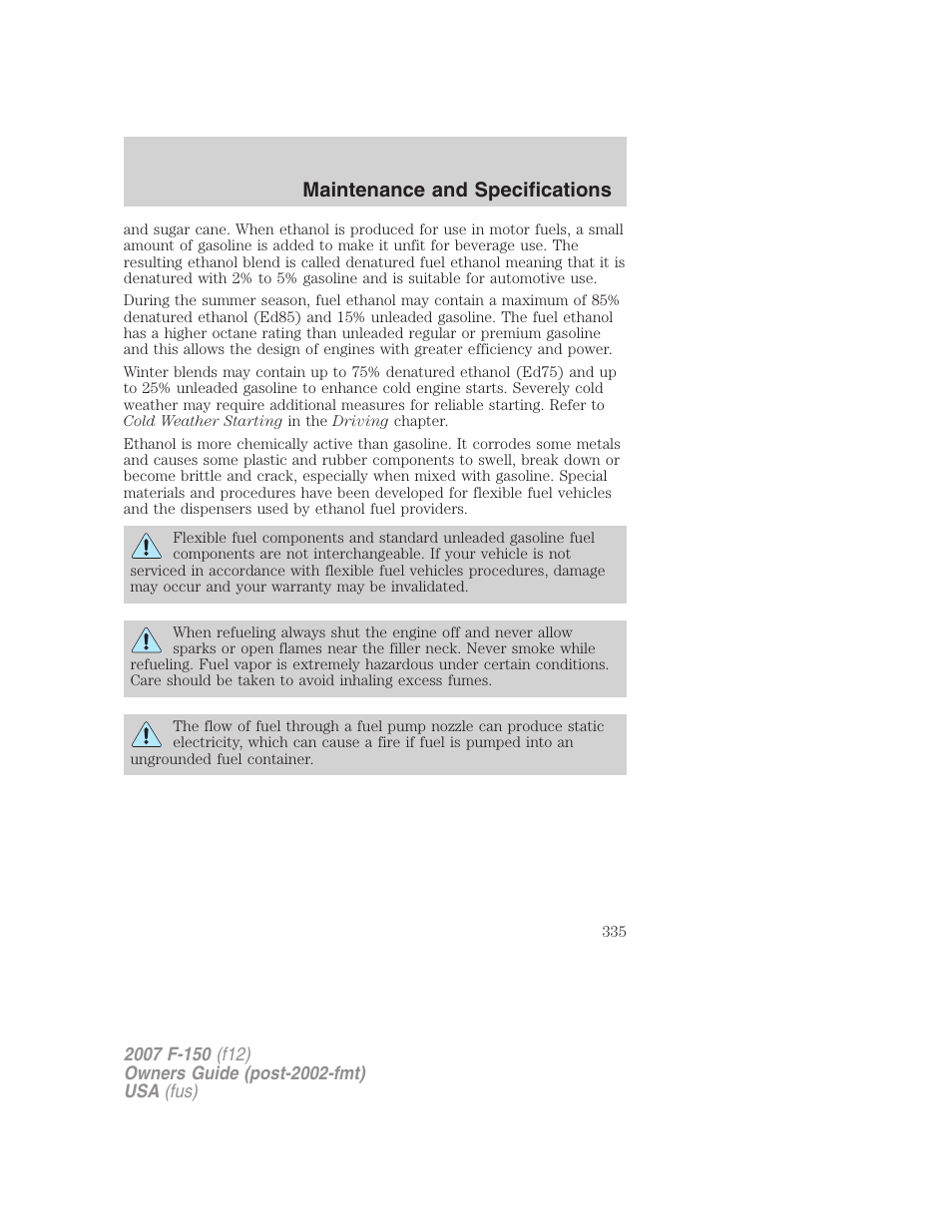Maintenance and specifications | FORD 2007 F-150 v.3 User Manual | Page 335 / 376
