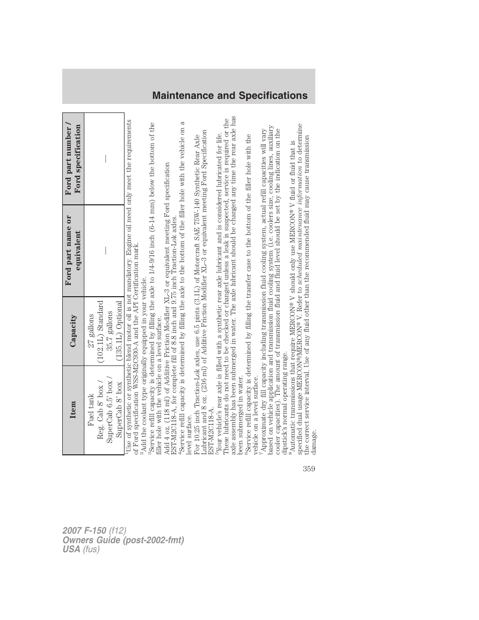 Maintenance and specifications | FORD 2007 F-150 v.3 User Manual | Page 359 / 376